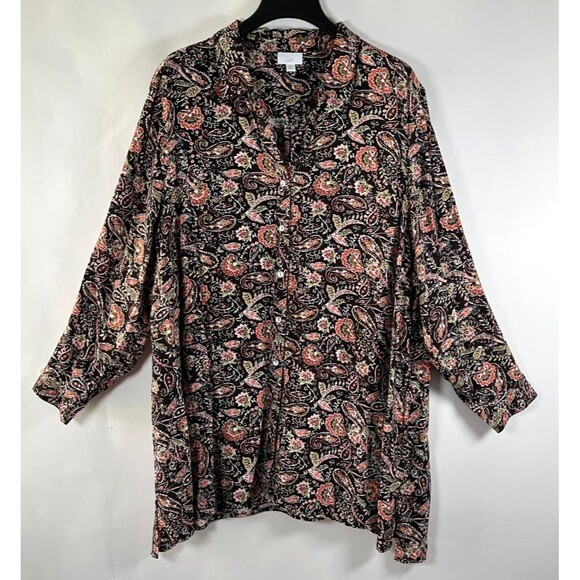 J Jill Button Down Shirt Womens 3X Tunic Dark Floral Paisley Office Work Classic - Picture 1 of 9